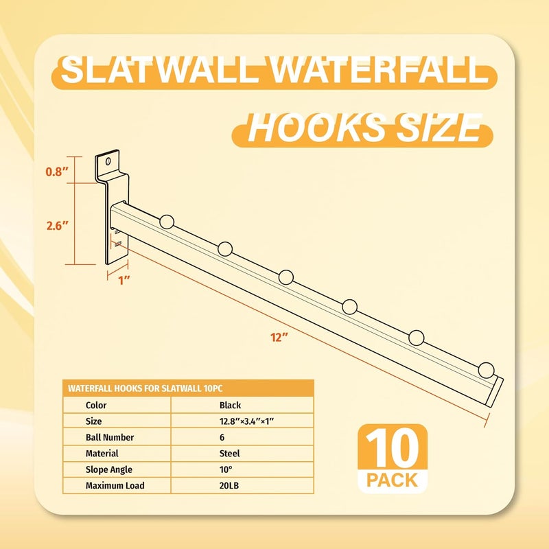 BFPeaky 12 Inch Waterfall Slatwall Hooks, 10-PC, Slatwall Accessories, SlatwallHooks and Hangers, SlatwallHooks for Clothing, Retail, Garage, Shop Display (6 Balls per Hooks, Black) - Image 2